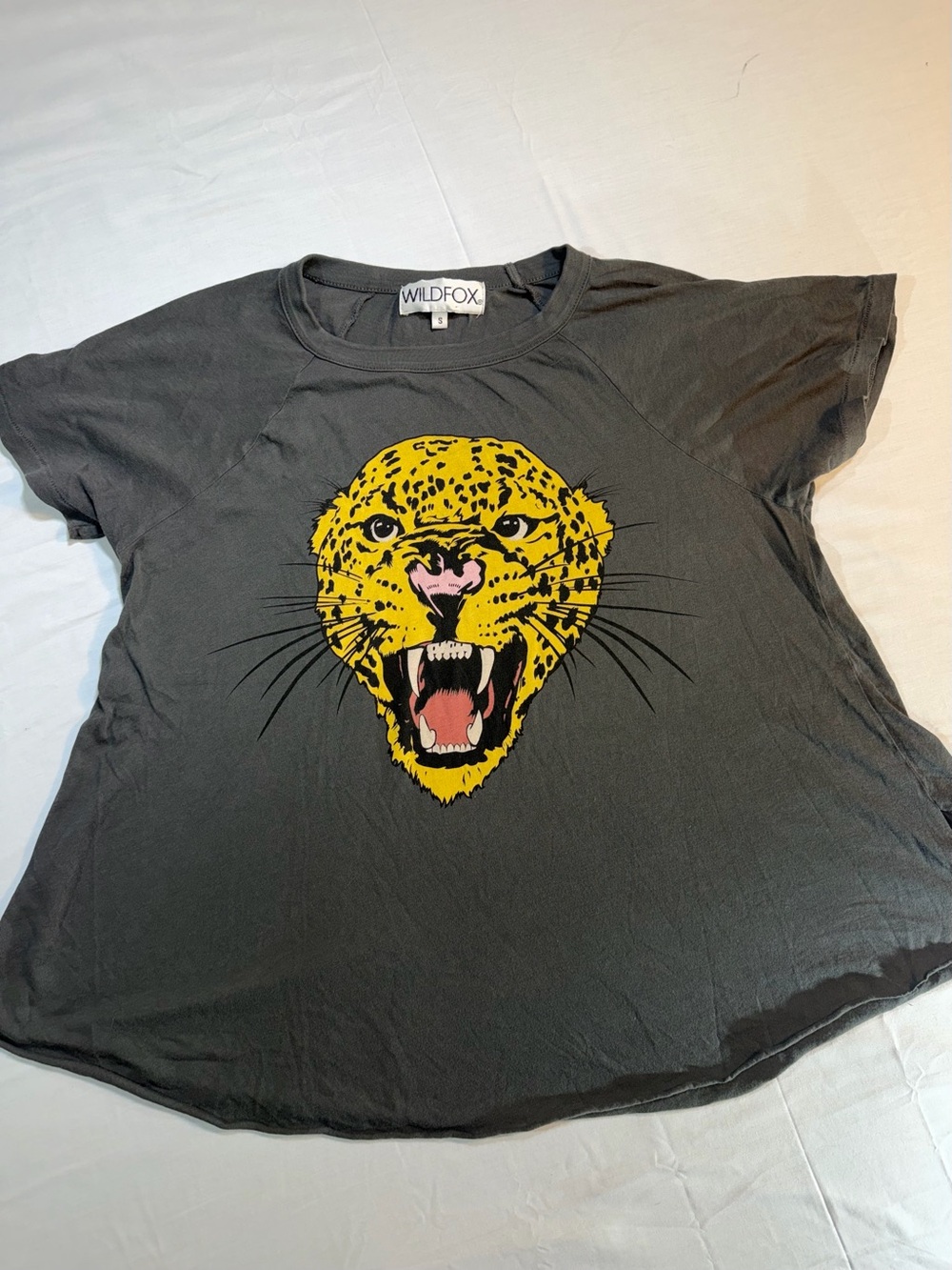 Wildfox Gray Short Sleeve Tee with Yellow Leopard Graphic
